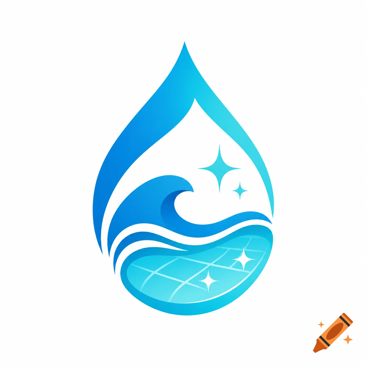 Abstract blue water drop logo with a wave, grid, and sparkles for cleaning.