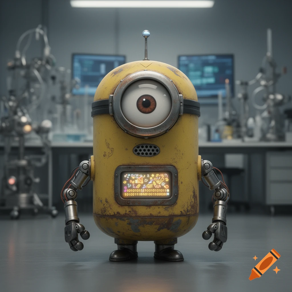 A rusty, yellow, one-eyed Minion-like robot with metal arms and a screen displaying binary code stands in a laboratory.