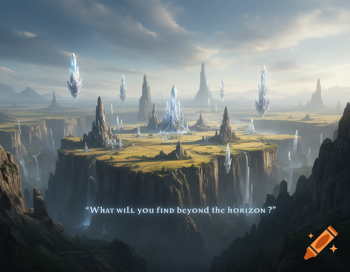 Epic fantasy landscape featuring deep canyons, waterfalls, towering rock formations, and glowing crystal spires under a dramatic sky.