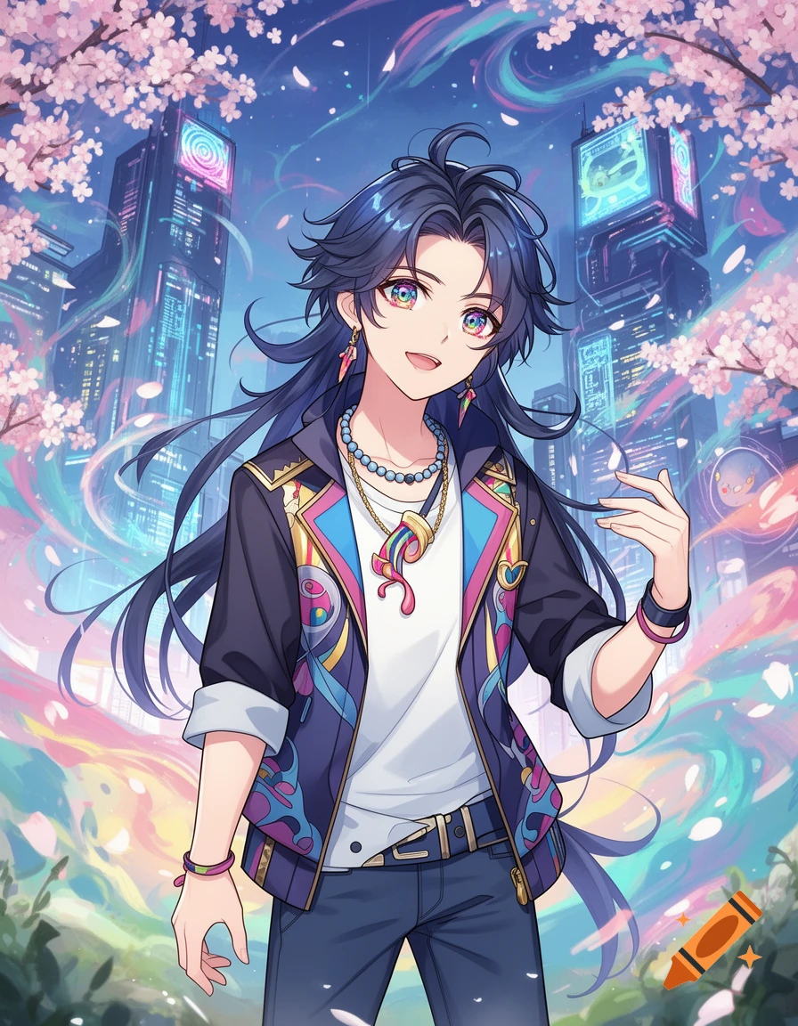 Anime character with long dark blue hair, a colorful jacket, and rainbow eyes smiles in a neon-lit city with cherry blossoms.