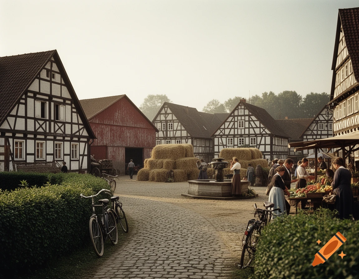 A bustling market in a historical German village with half-timbered houses, a cobblestone street, and hay bales.
