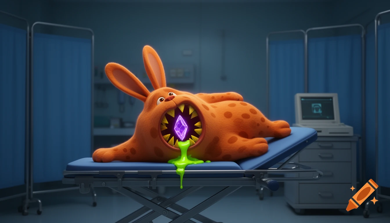 A 3D cartoon orange rabbit monster with spots lies on a hospital gurney, mouth open with a glowing purple crystal and green slime, in a hospital room.