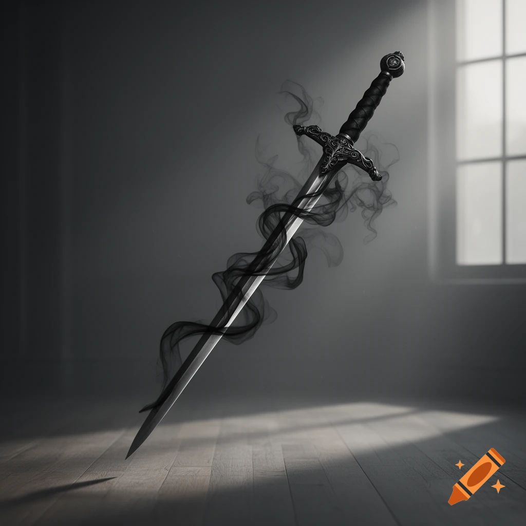 A dark, ornate rapier stands upright, wreathed in black smoke or shadows, in a dimly lit room with light from a window.