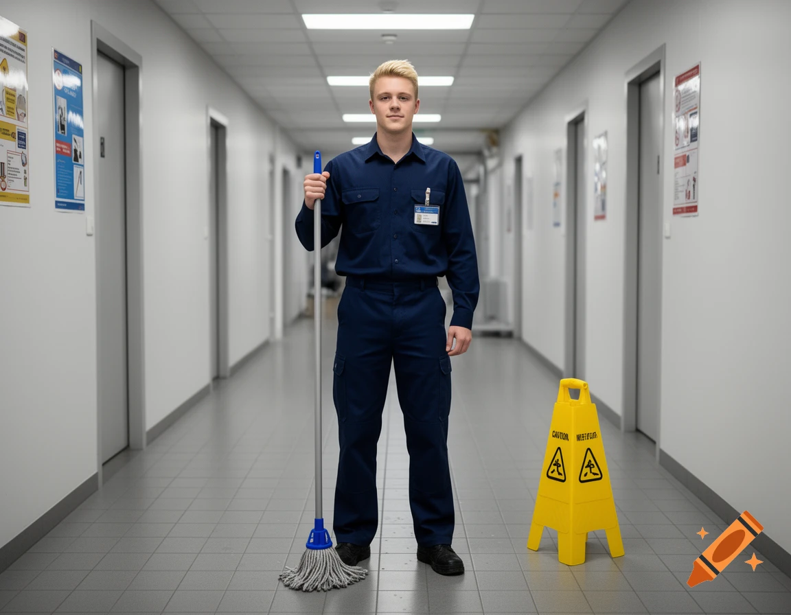 A young blond man in a blue janitor's uniform holds a mop in a long, white hallway with a yellow "CAUTION WET FLOOR" sign.