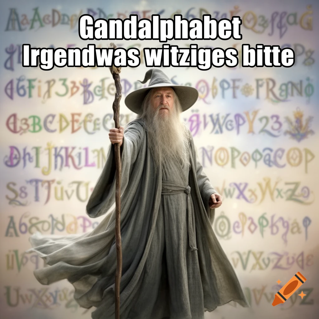 Gandalf holds his staff before a blurred alphabet background, with the meme text 'Gandalphabet Irgendwas witziges bitte'.