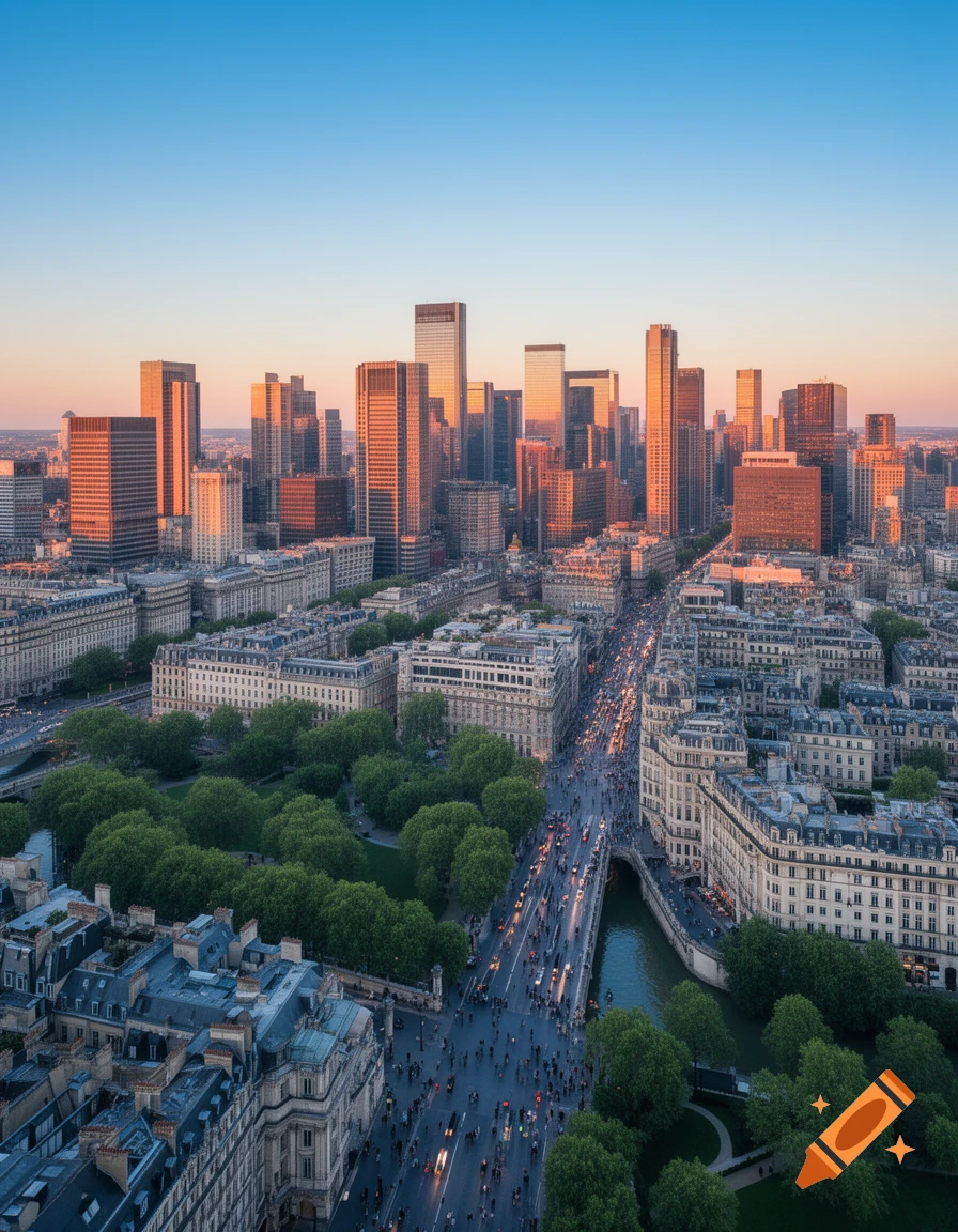 Aerial view of a vibrant city at sunset, featuring traditional architecture, green parks, a bustling street, and distant modern skyscrapers.