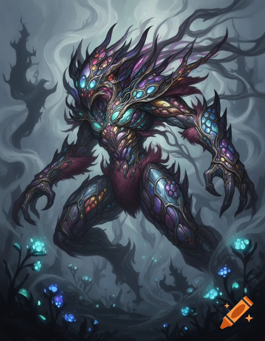 A colorful, scaly fantasy monster with multiple glowing eyes and spiky hair walks through a dark, smoky forest with glowing blue plants, digital art.