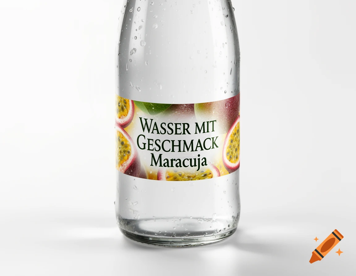 A glass bottle of passion fruit flavored water, covered in condensation, on a white background.