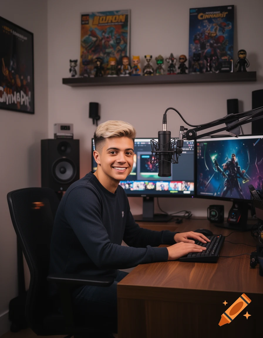 A young man with blonde highlights smiles at a desk with dual monitors and a microphone, in a room with shelves of collectible figures.
