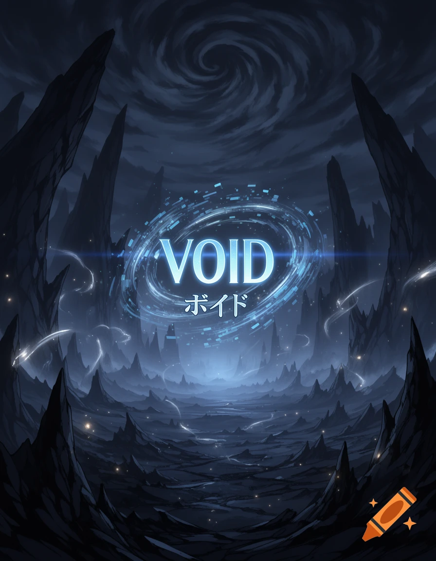 Dark fantasy landscape with jagged spires under a swirling sky, featuring the glowing blue text 'VOID' and Japanese text, in an anime style.