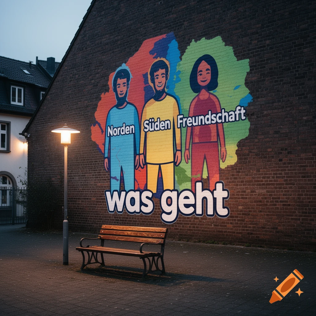 A mural on a brick wall shows three figures with 'Norden,' 'Süden,' 'Freundschaft,' and 'was geht' text. A lamppost and bench are nearby at dusk.