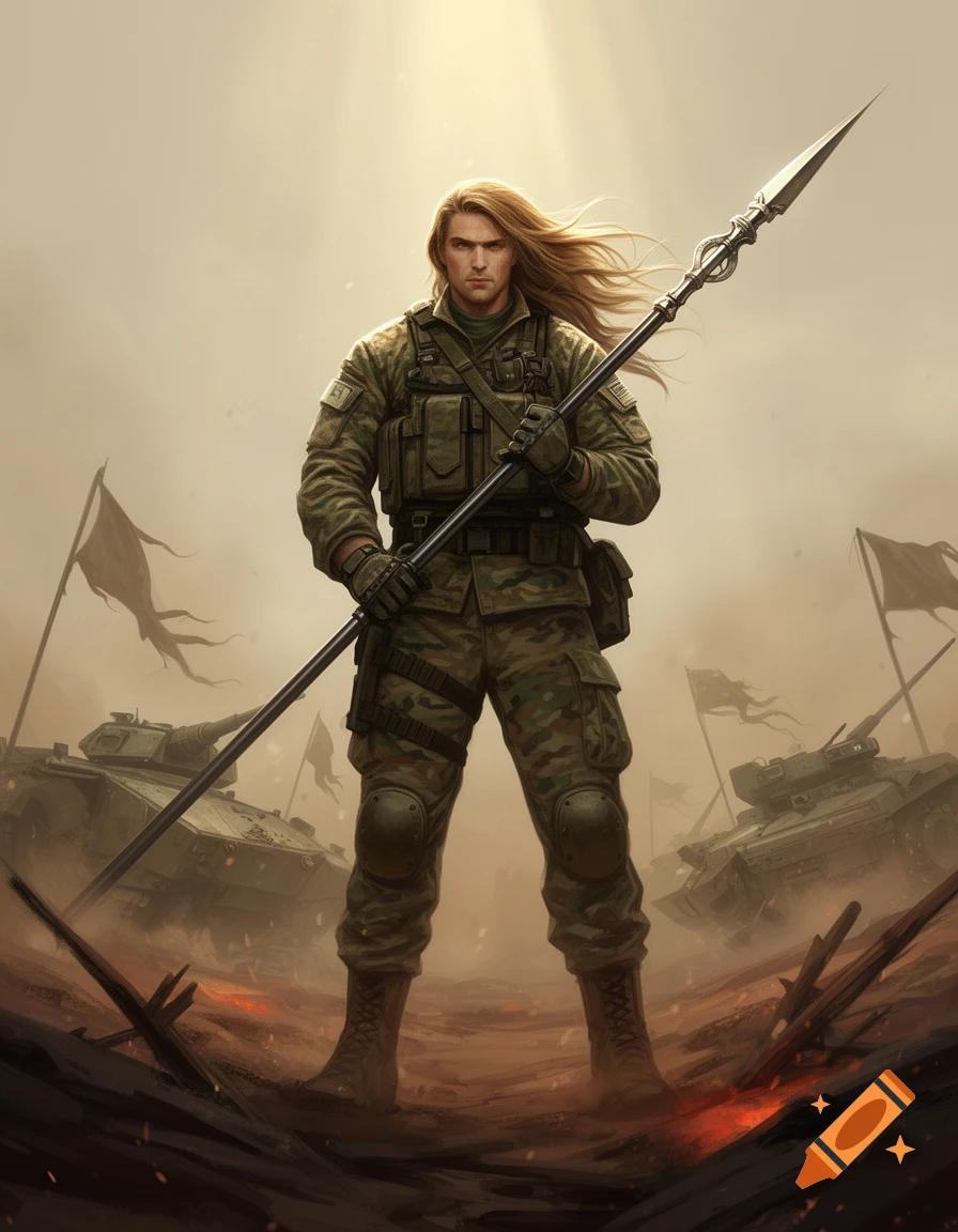 A long-haired male soldier in camouflage holds a spear in a desolate, tank-filled battlefield. Digital art.