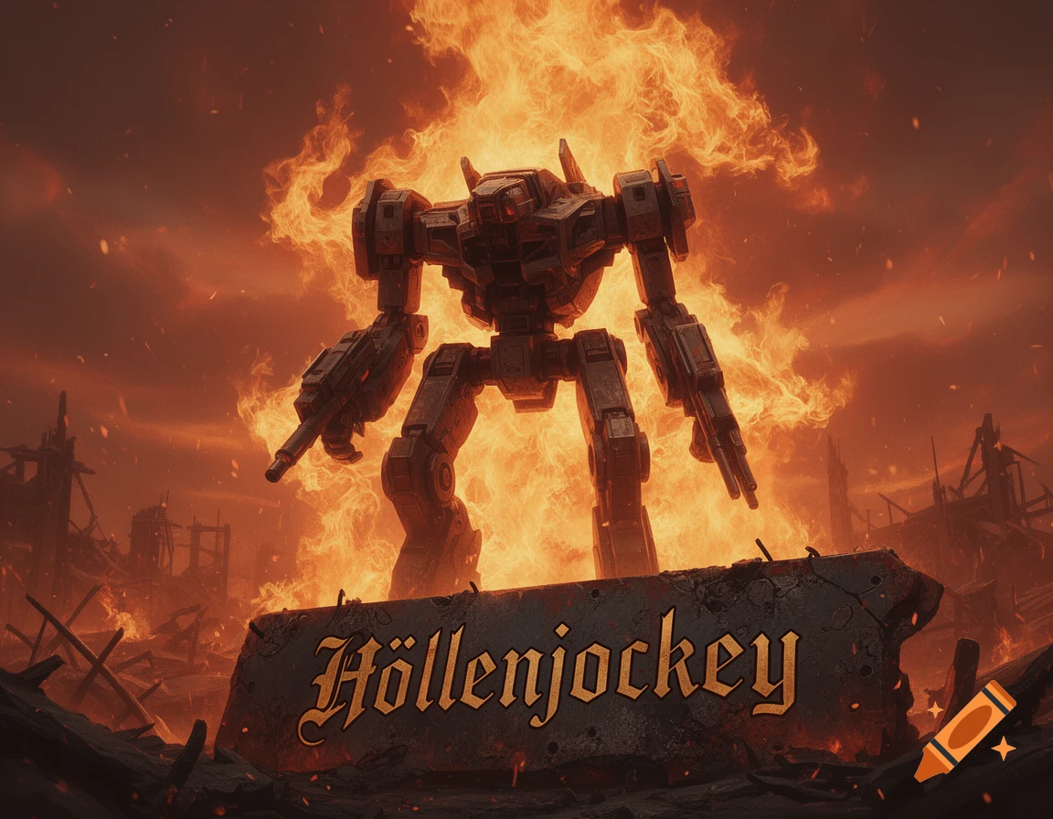 A large battlemech stands amidst intense flames in a destroyed, fiery landscape, with the text 'Höllenjockey' on a slab.
