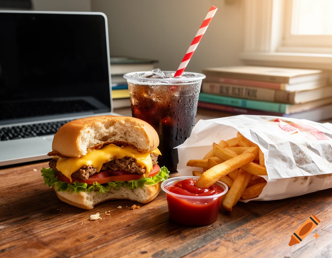 A realistic close-up of a partially eaten cheeseburger, fries, and a soda with a striped straw, on a wooden desk next to a laptop.