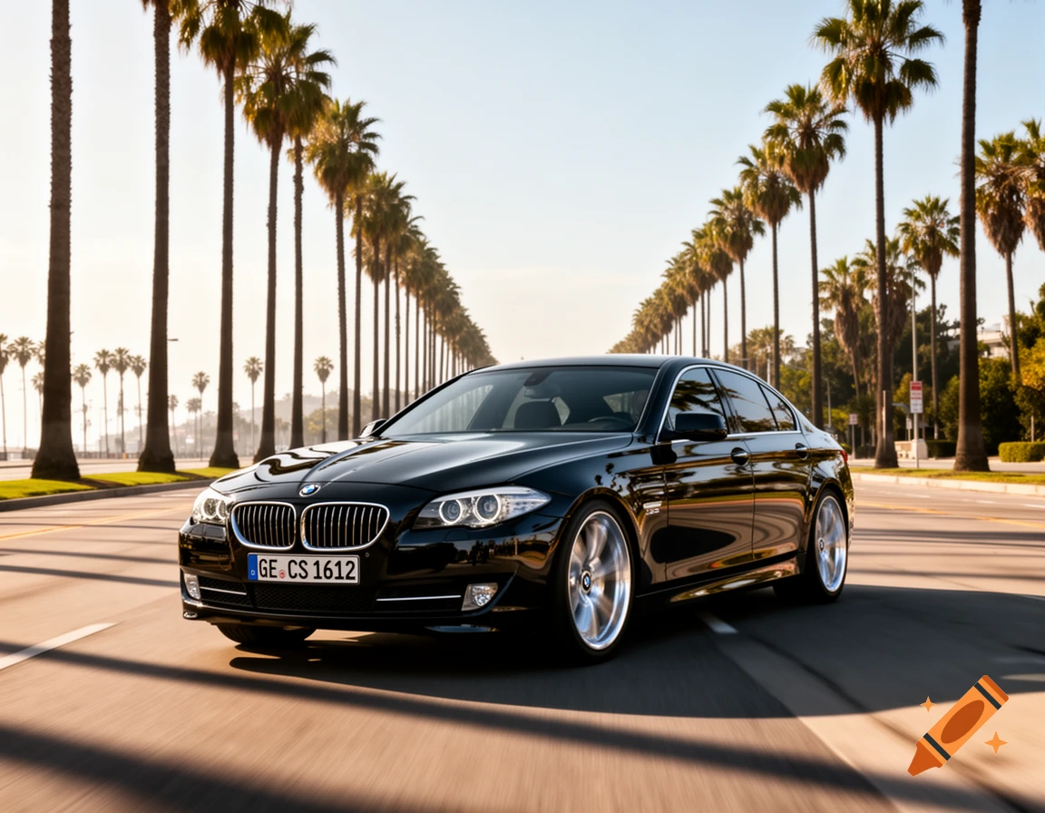 A black BMW E60 sedan drives on a sunny road lined with tall palm trees, with motion blur on the wheels.