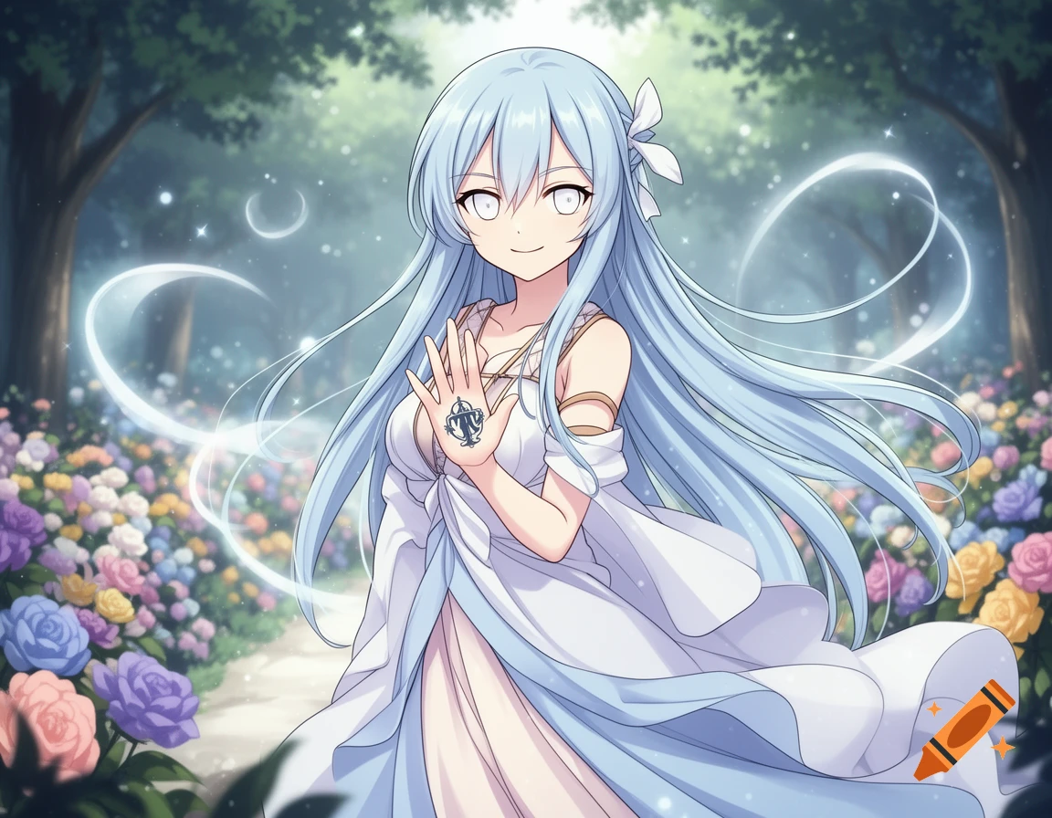 An anime girl with long light blue hair, white eyes, and a white dress stands in a magical flower forest, displaying a symbol on her open palm.