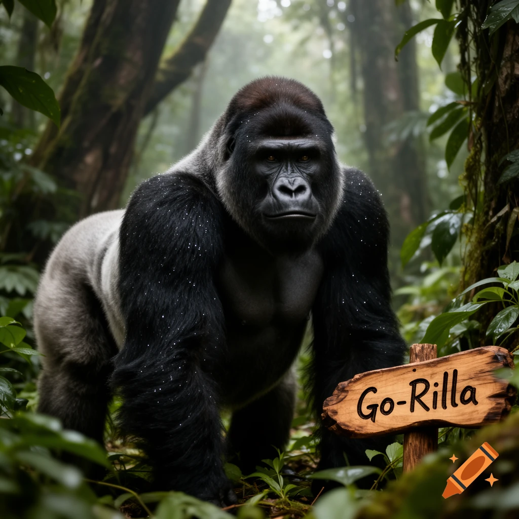 A photorealistic gorilla stands in a lush green jungle next to a wooden sign reading "Go-Rilla".