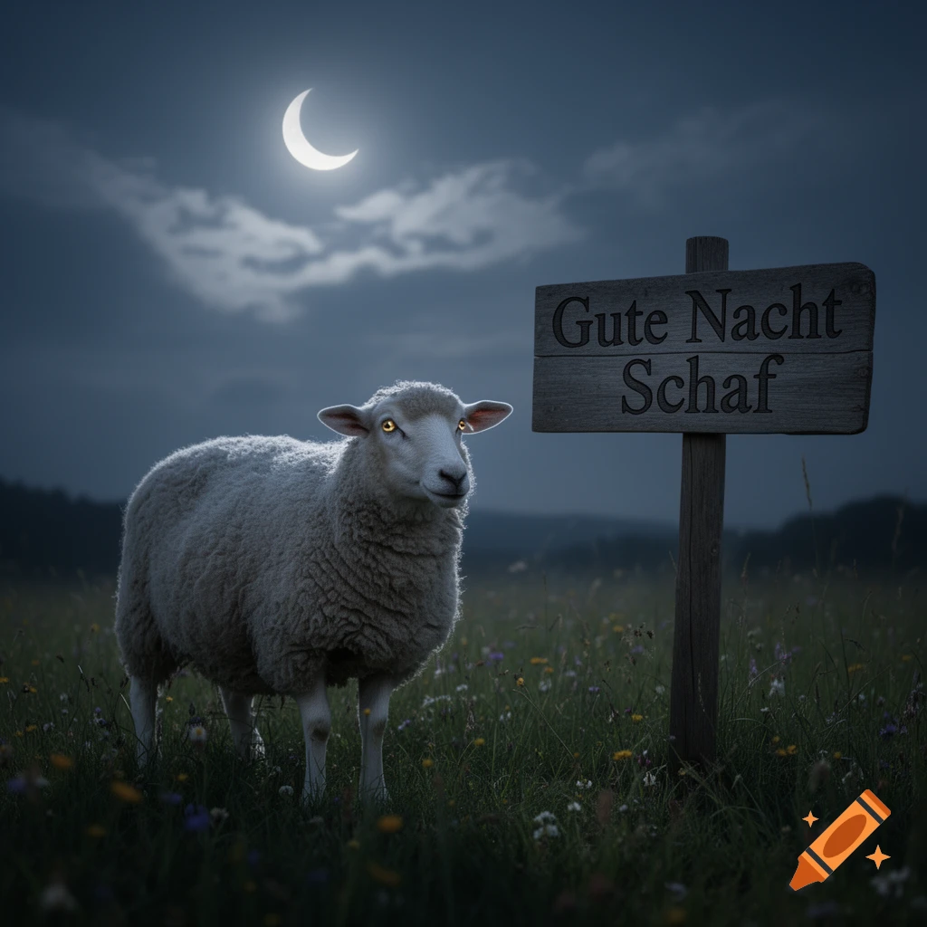 A photorealistic image of a white sheep with glowing eyes in a field at night. A crescent moon shines above a wooden sign reading "Gute Nacht Schaf".