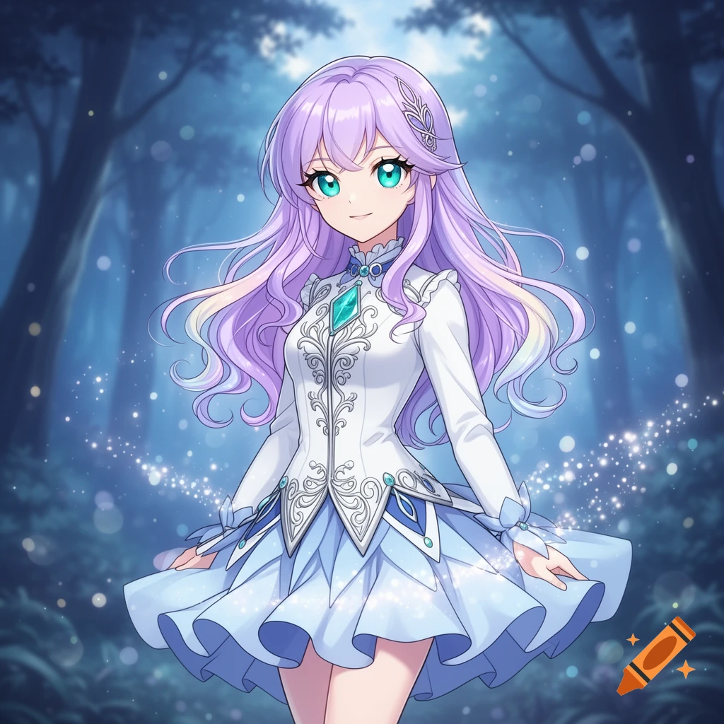 Anime girl with long purple hair and green eyes, wearing a white and blue dress, stands in an enchanted forest with sparkling lights.