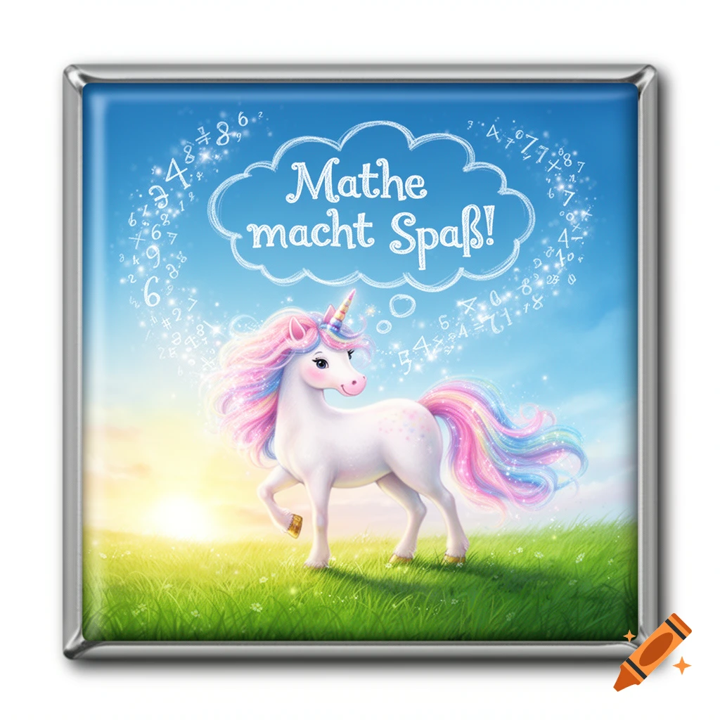 A vibrant unicorn with a rainbow mane stands in a sunny field. A thought bubble above reads 'Mathe macht Spaß!', depicted as a fridge magnet.