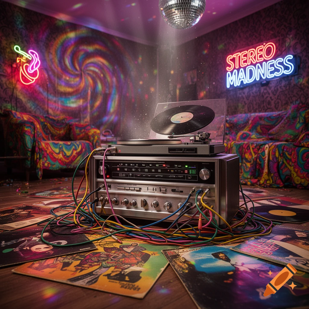 A vibrant retro-themed room with a record player, scattered vinyl records, a disco ball, and a neon sign reading 'STEREO MADNESS'.