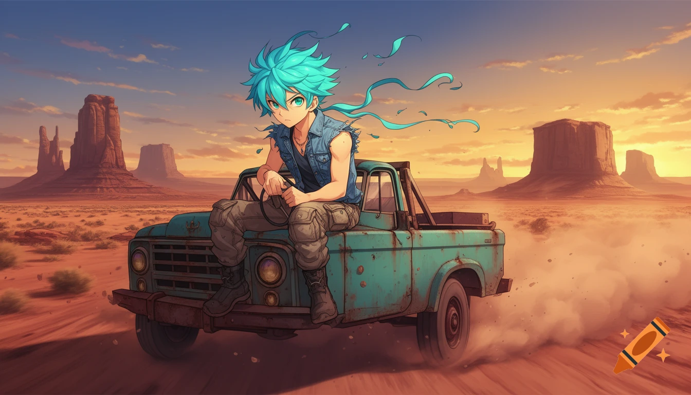 Anime boy with vibrant blue hair sitting on an old, rusty blue pickup truck, driving through a vast desert landscape with mesas at sunset.