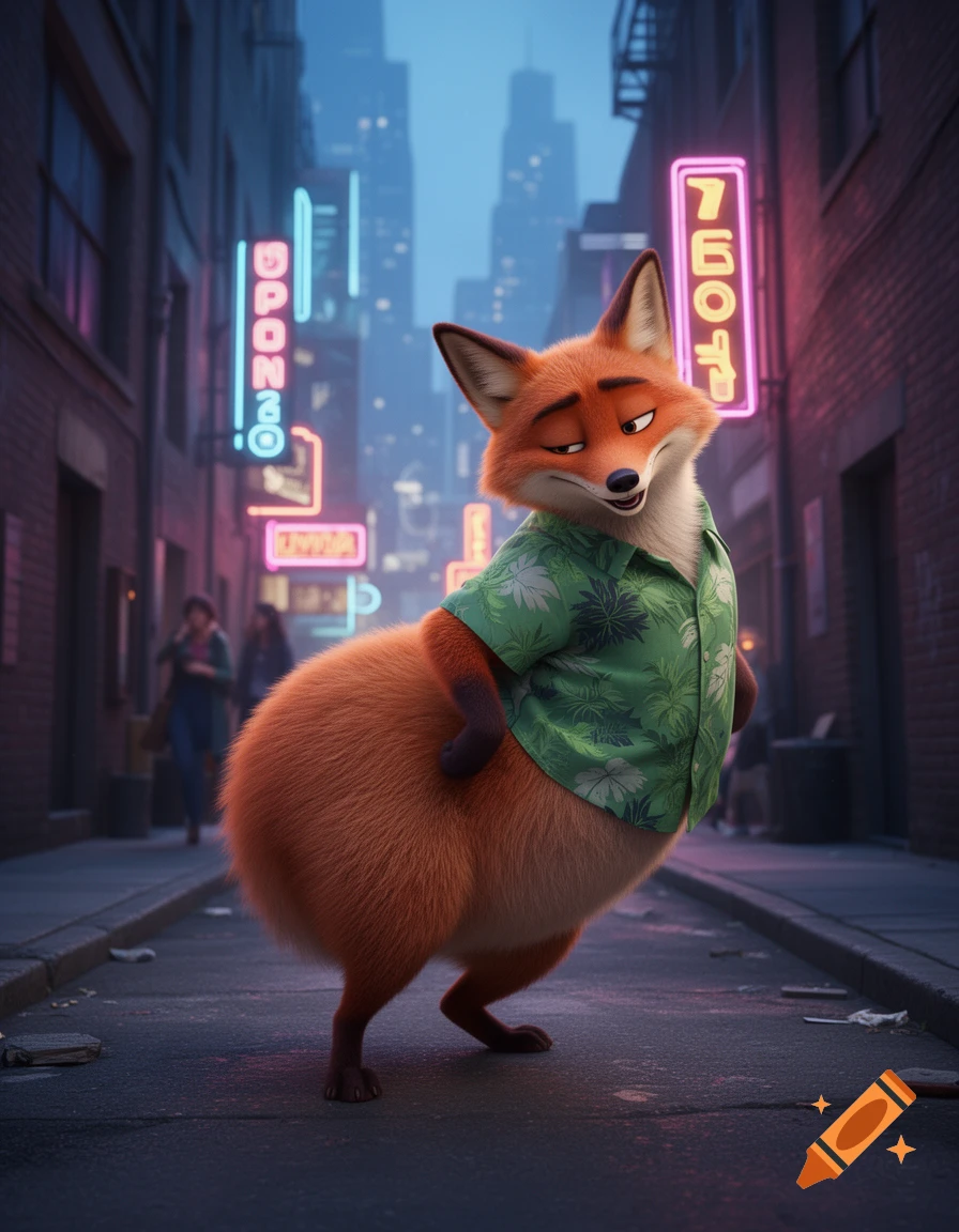 An anthropomorphic fox, Nick Wilde, with an exaggeratedly large backside, wearing a green Hawaiian shirt, stands in a neon-lit urban alley at dusk.