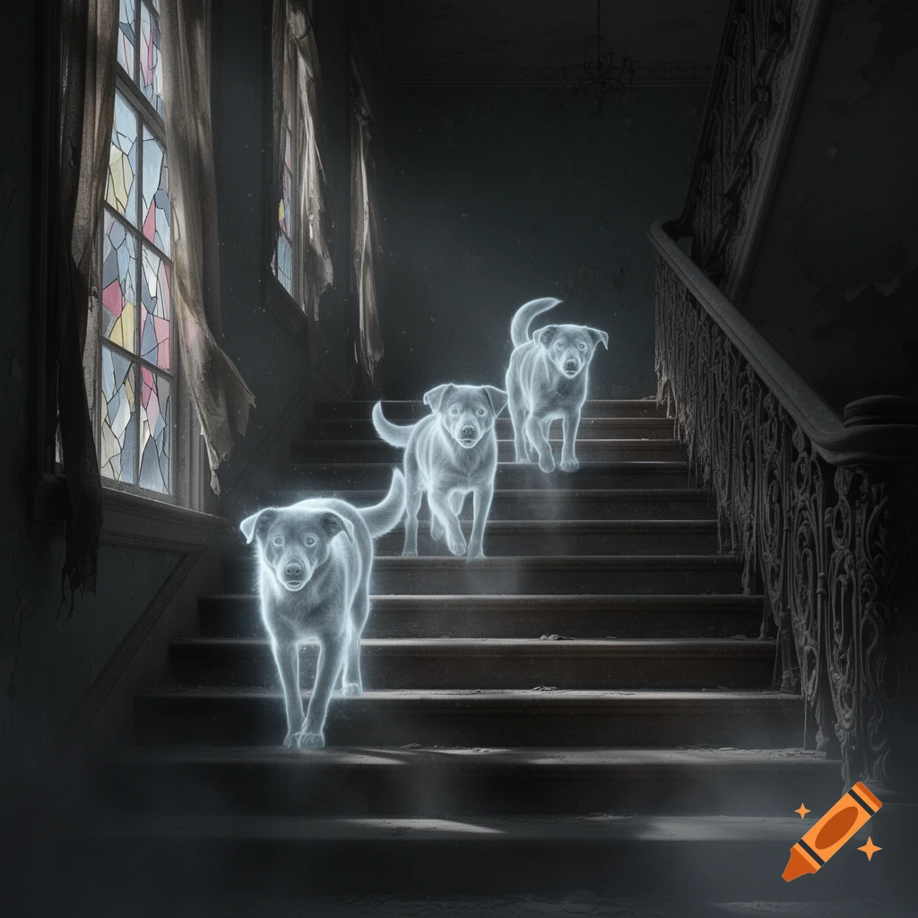Three glowing white ghost dogs descend a dark, dilapidated staircase in an old building with a stained glass window.