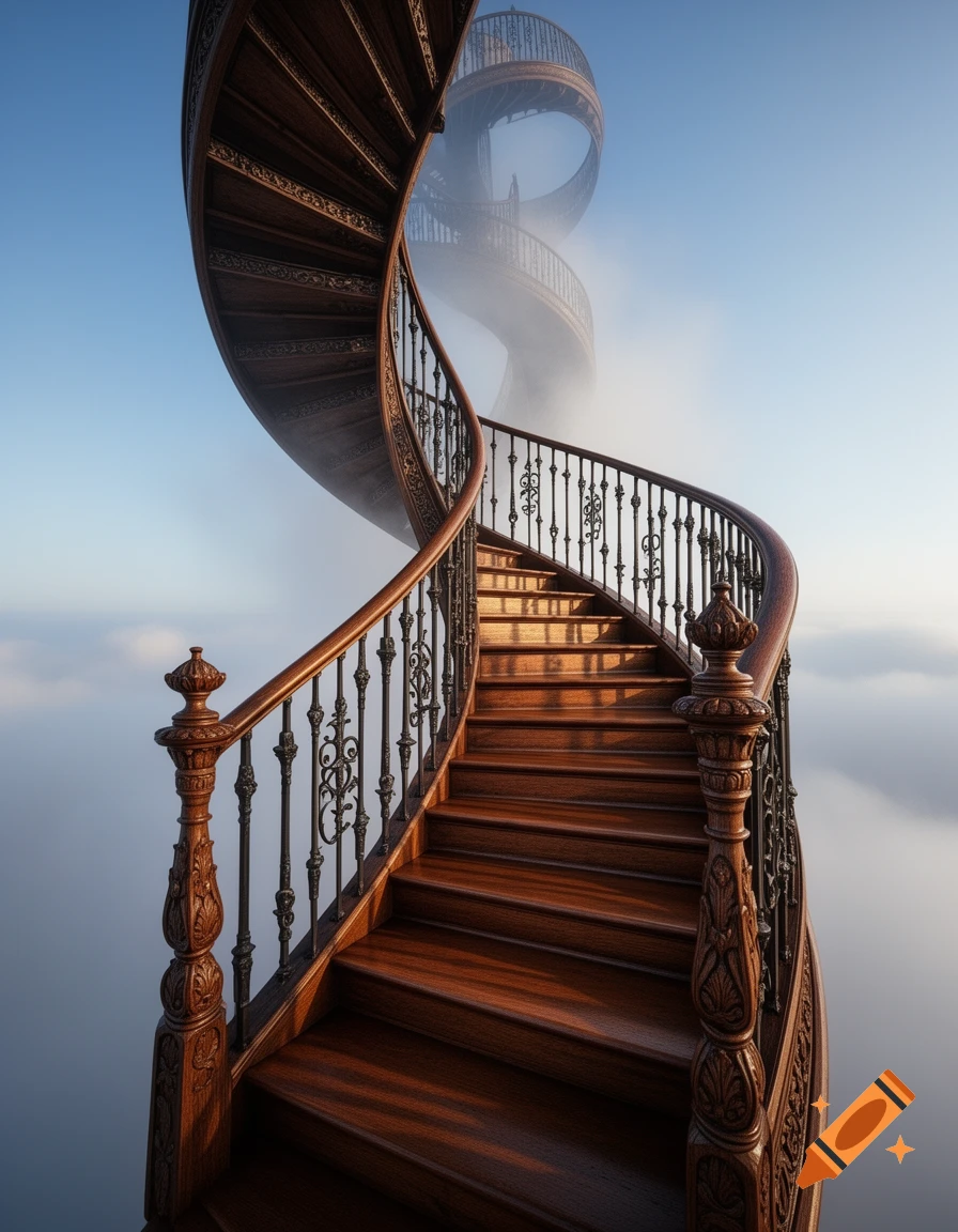 A grand, ornate wooden spiral staircase ascends from misty clouds into a clear blue sky, with more stairs fading into the distance.