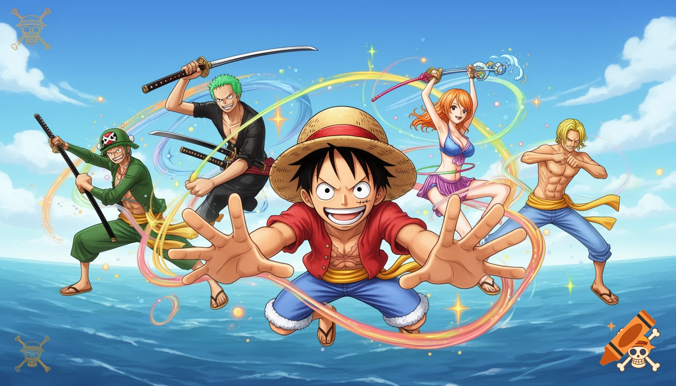 Luffy, Zoro, Nami, and Sanji strike dynamic poses over a vibrant blue ocean with a clear sky, anime style, featuring the One Piece logo.