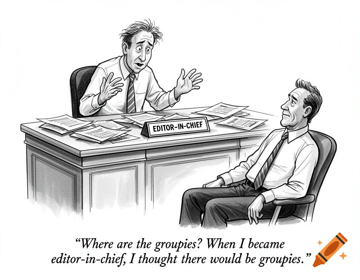 A black and white cartoon shows a surprised editor-in-chief at his desk talking to a relaxed man, with a humorous caption about groupies.