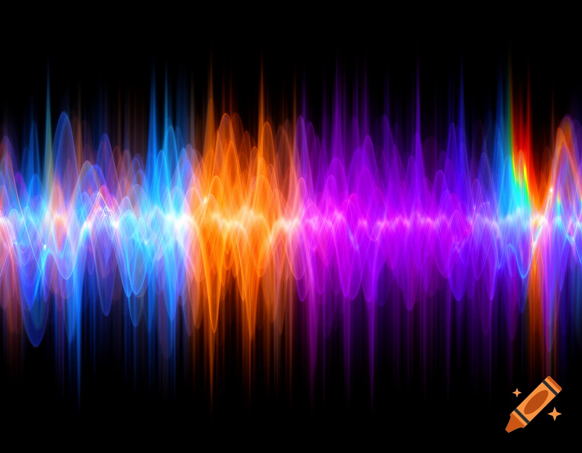 Vibrant blue, orange, and purple glowing wavy lines resembling sound waves or a spectrogram on a black background.
