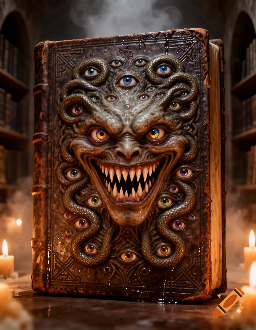 An ancient, monstrous book cover with a grotesque face featuring sharp teeth and multiple eyes, set in a dimly lit library with candles.