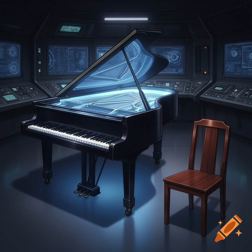 An illuminated grand piano glows blue in a futuristic, dark control room with multiple screens displaying technical data. A simple wooden chair sits beside it.