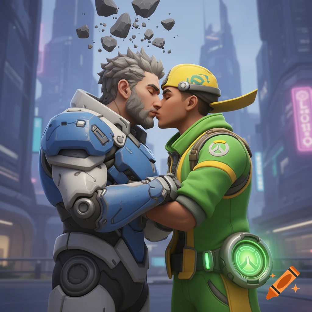 Sigma and Lucio from Overwatch share a kiss in a futuristic cityscape, with rocks floating above Sigma.