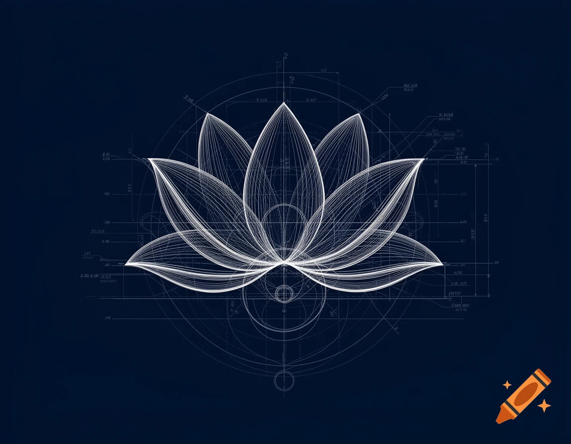 A white line drawing of a lotus flower on a dark blue background, styled as a detailed architectural blueprint with technical lines and measurements.