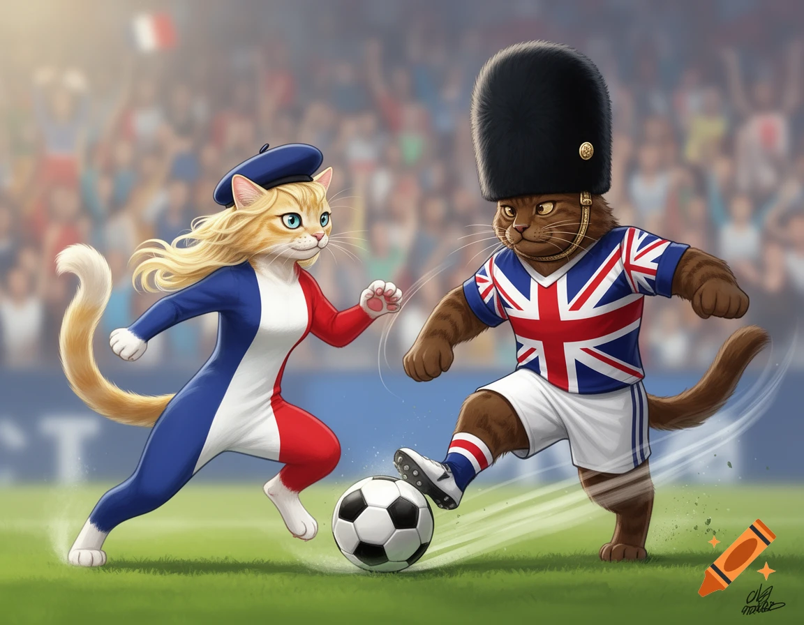 A cartoon blonde cat in a French flag outfit and a brown cat in a British flag uniform play soccer on a green field.