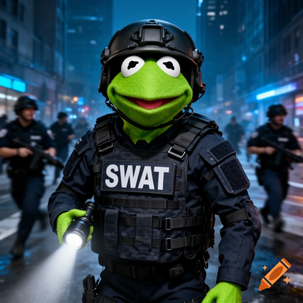 Kermit the Frog in a photorealistic tactical SWAT uniform and helmet, holding a flashlight on a city street at night.