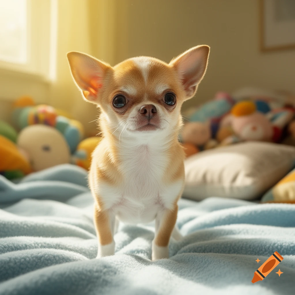 A cute, tan and white chihuahua puppy stands on a light blue blanket in a sunlit room.