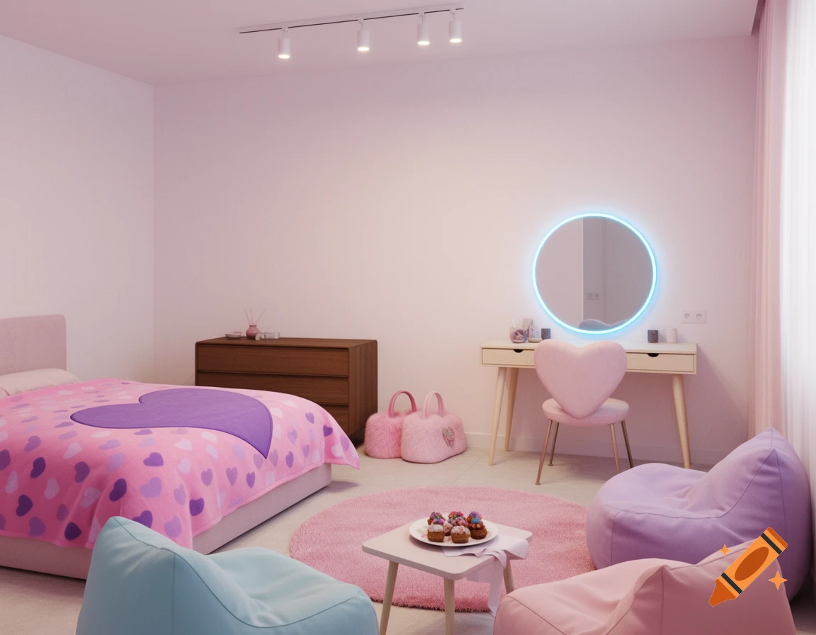 Photorealistic pastel pink bedroom with heart-patterned bed, neon-lit mirror, and bean bag chairs.