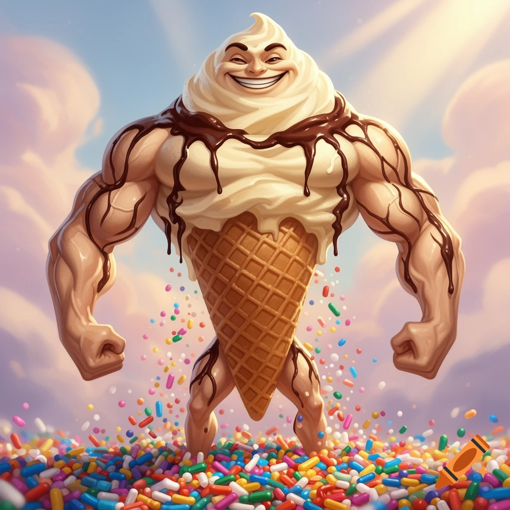 A muscular ice cream cone character with chocolate syrup smiles as it stands in a pile of colorful sprinkles under a cloudy sky.