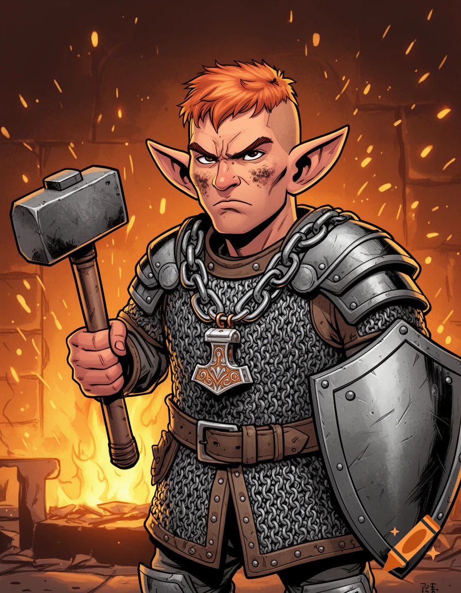 A grumpy male rock gnome forge cleric in comic book art style, wearing chain mail armor and holding a smithing hammer and shield, standing by a glowing forge.