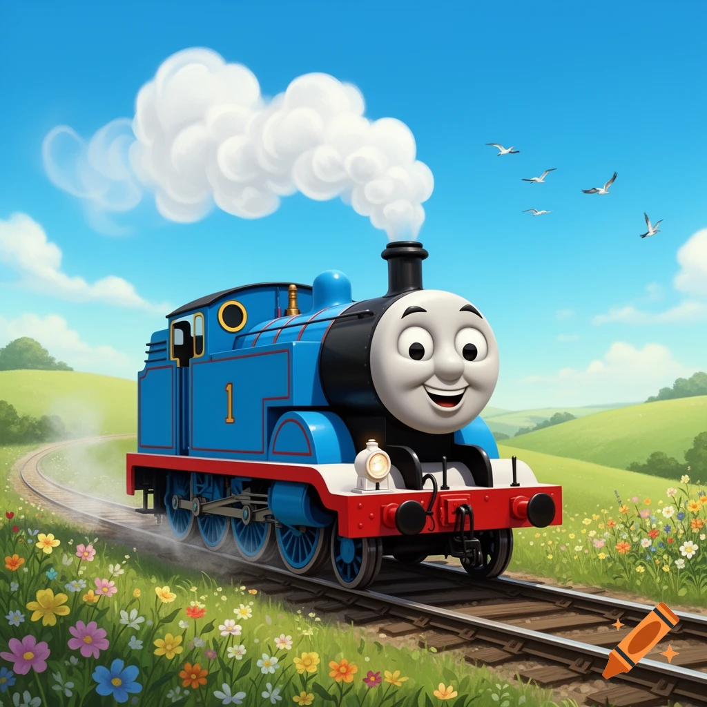 Thomas the Tank Engine smiling on train tracks through a vibrant green field with colorful flowers under a blue sky.