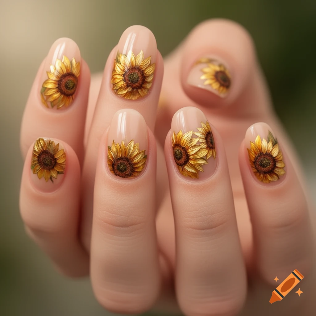 Close-up of a hand with elegant sunflower nail art on glossy nude nails, featuring golden petals and realistic detail.