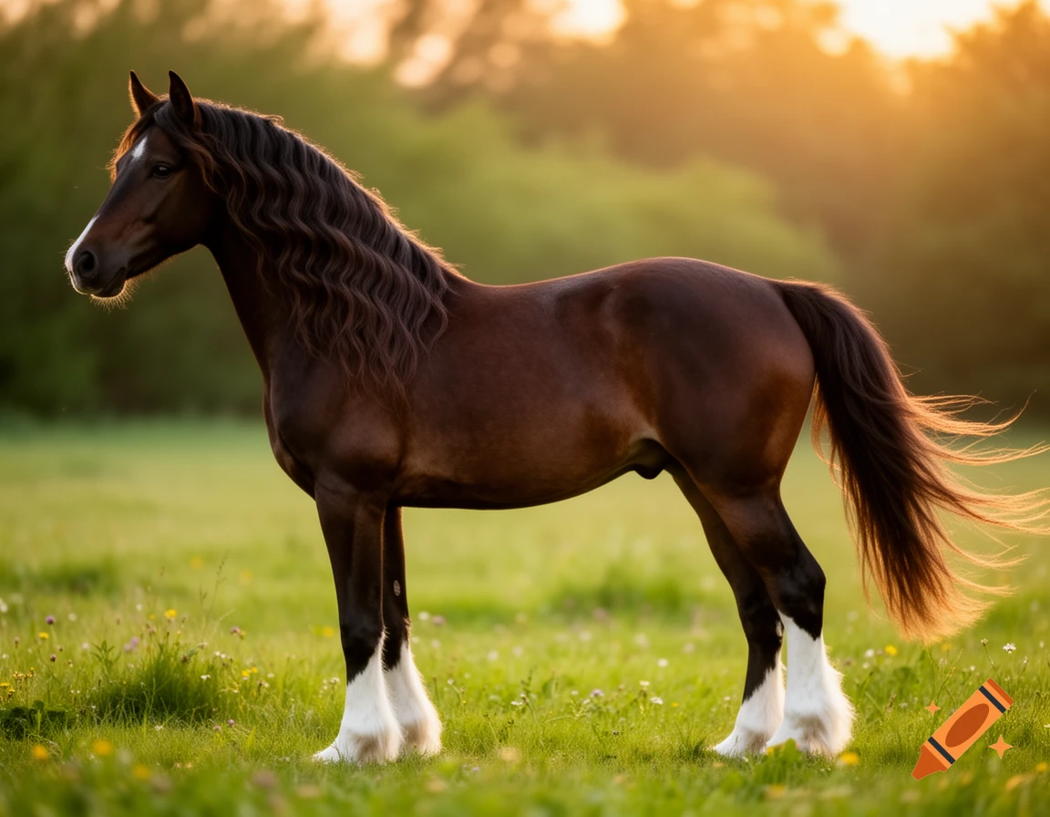 A beautiful brown Arabian horse with a long wavy mane and white markings on its lower legs stands in a sunny green field at sunset.