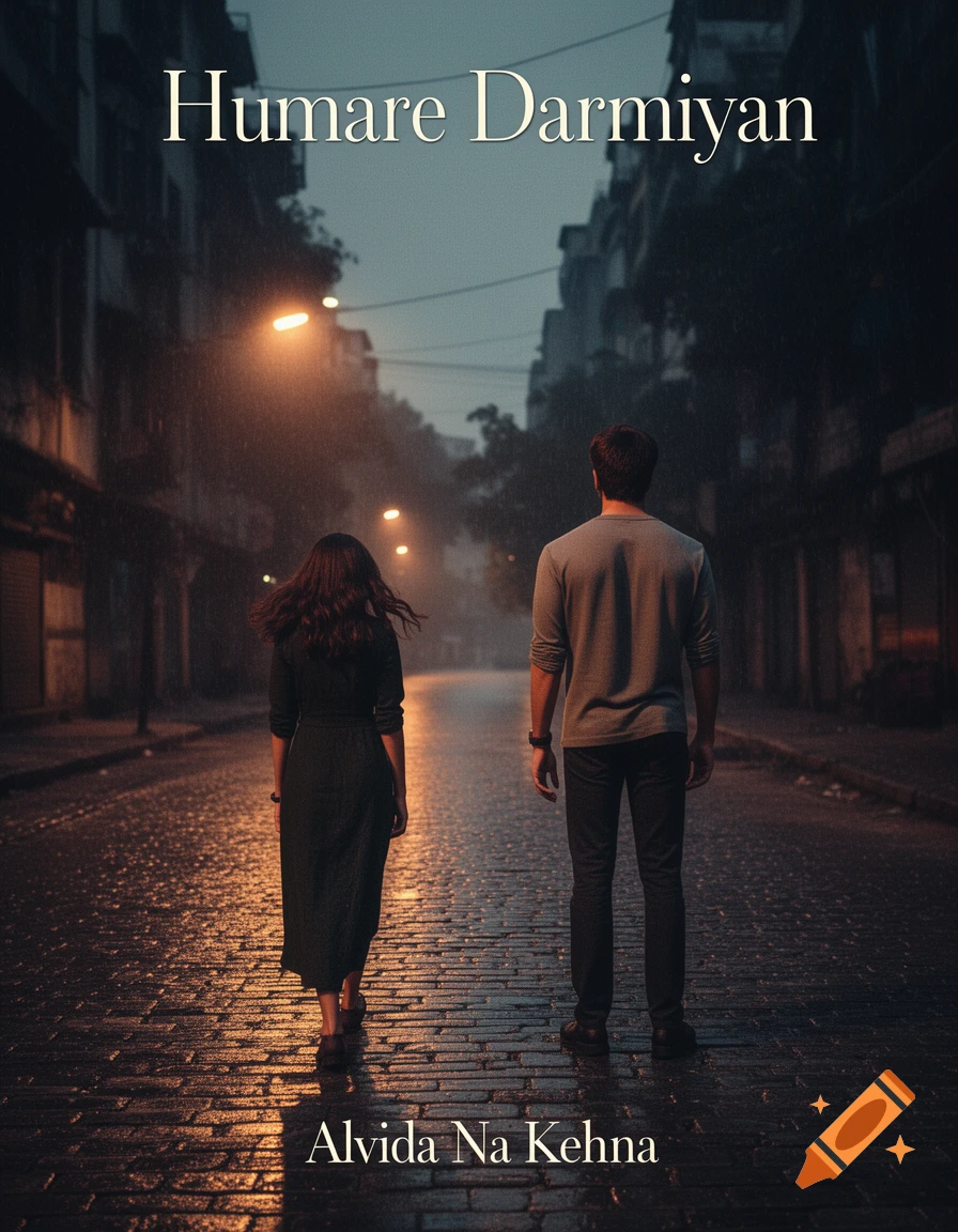 A man and a woman walk away from the camera on a wet, rainy city street at night under streetlights. Text reads "Humare Darmiyan" and "Alvida Na Kehna".