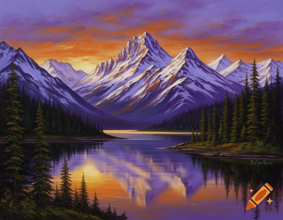 Vibrant oil painting of snow-capped mountains reflected in a calm lake at sunset, surrounded by dark green pine forests.