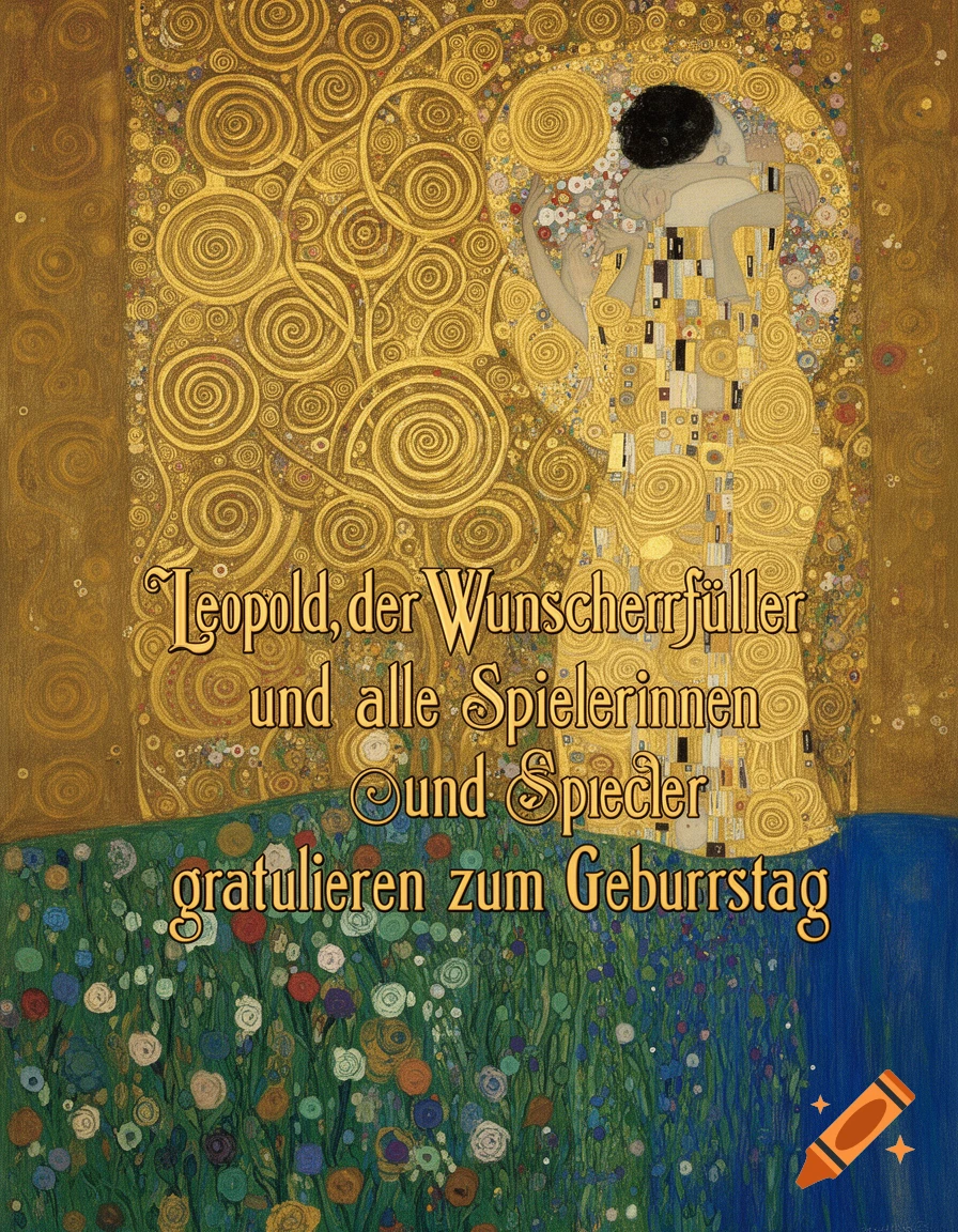 Klimt-style painting of two embracing figures in golden patterns above a flower field, with birthday greeting text.