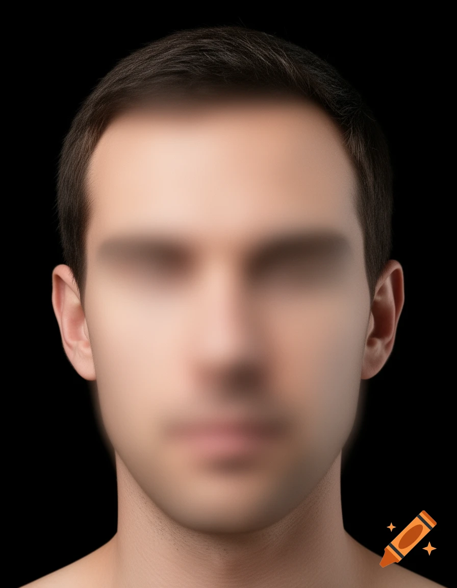 A man's head with a heavily blurred face against a black background, photorealistic style.