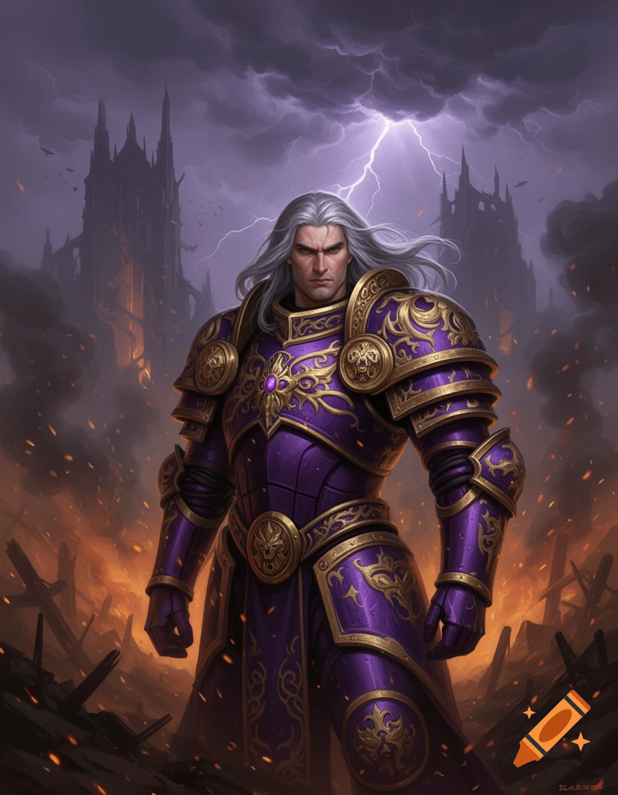 A powerful male warrior with long white hair in ornate purple and gold armor stands before a dark castle under a lightning storm amid destruction.
